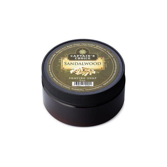 Captain's Choice Sandalwood Shaving Soap by Pasteur Pharmacy in a 5 oz container, with a smooth soap surface and classic packaging.