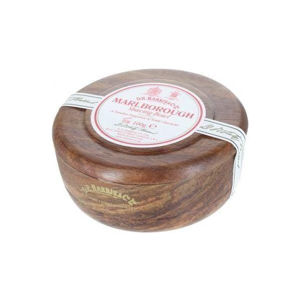 D. R. Harris Marlborough Shaving Soap in Mahogany Bowl, 100g, from Pasteur Pharmacy, showing the soap and elegant wooden container.