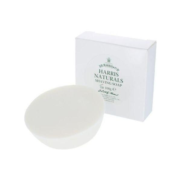 D. R. Harris & Co Naturals shaving soap refill 100g in a bowl, natural ingredients, creamy lather, ideal for traditional shaving.