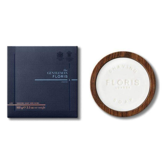 Floris London No. 89 shaving soap in a wooden bowl, 100g, with creamy lather and elegant packaging.