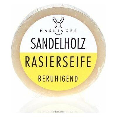 Haslinger Sandalwood Shaving Soap 60g in a round container, with a smooth soap surface and sandalwood scent.