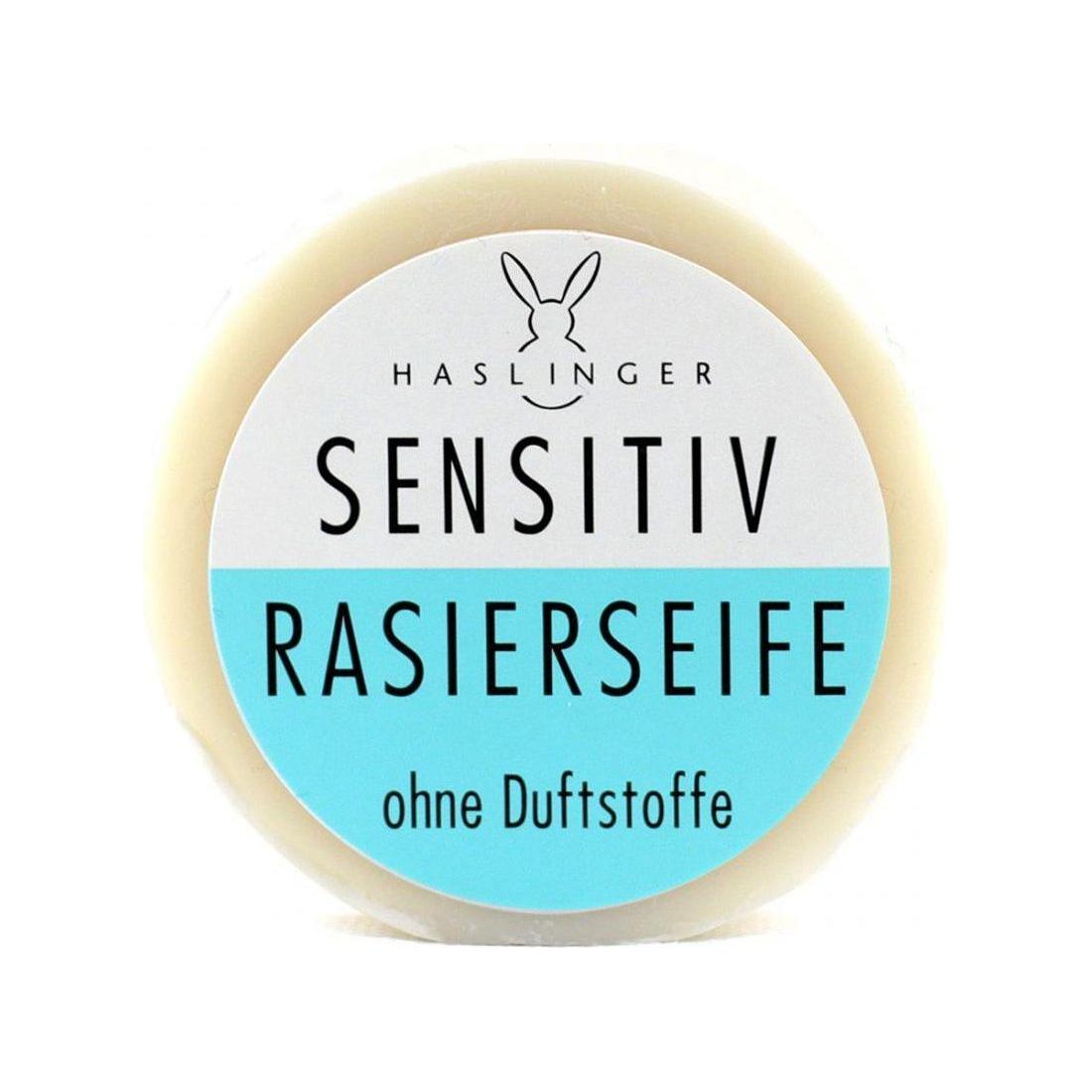 Haslinger Sensitive Shaving Soap 60g in a round container, designed for sensitive skin, by Pasteur Pharmacy.