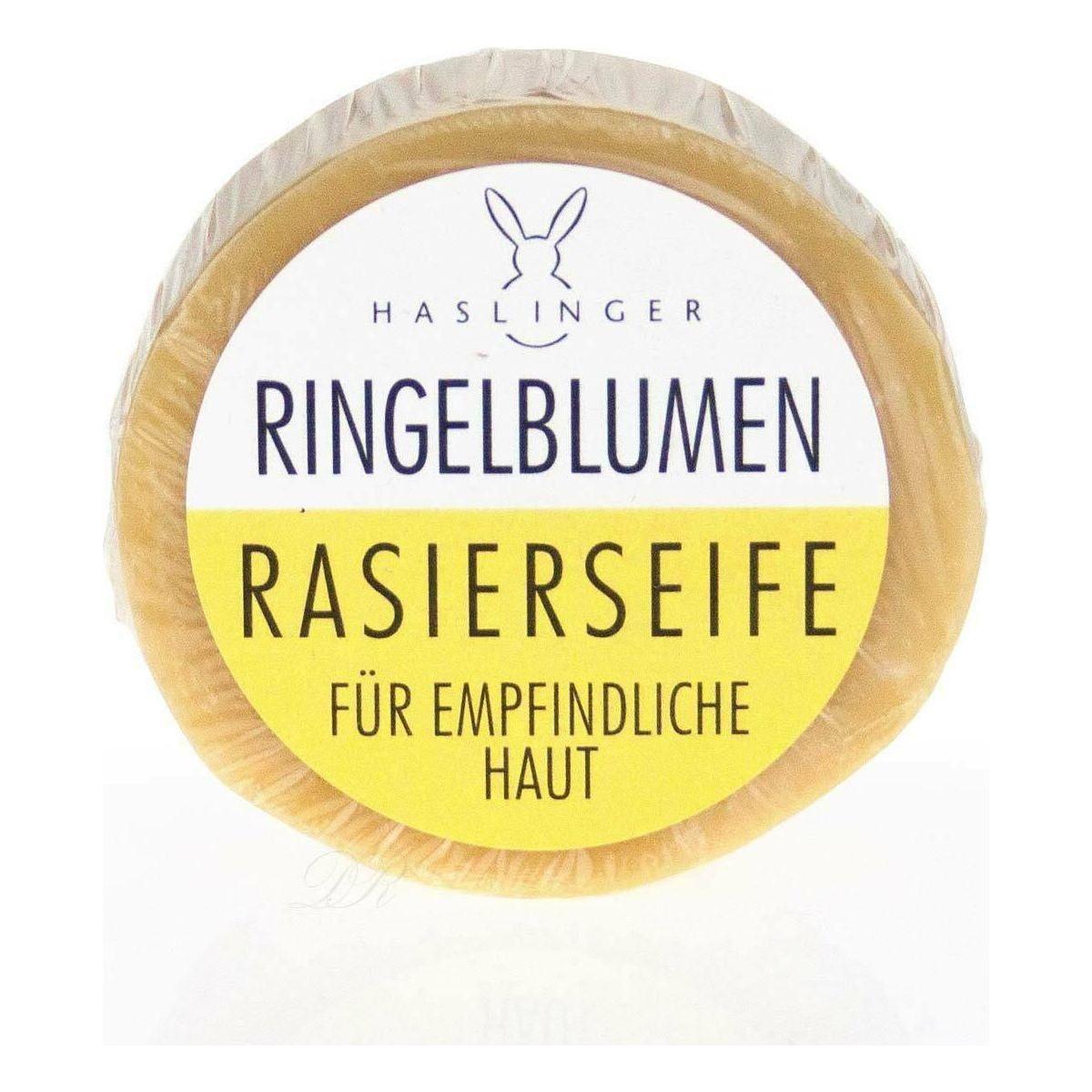 Haslinger Marigold Shaving Soap by Pasteur Pharmacy in 60g tin, creamy lather for a smooth shave.