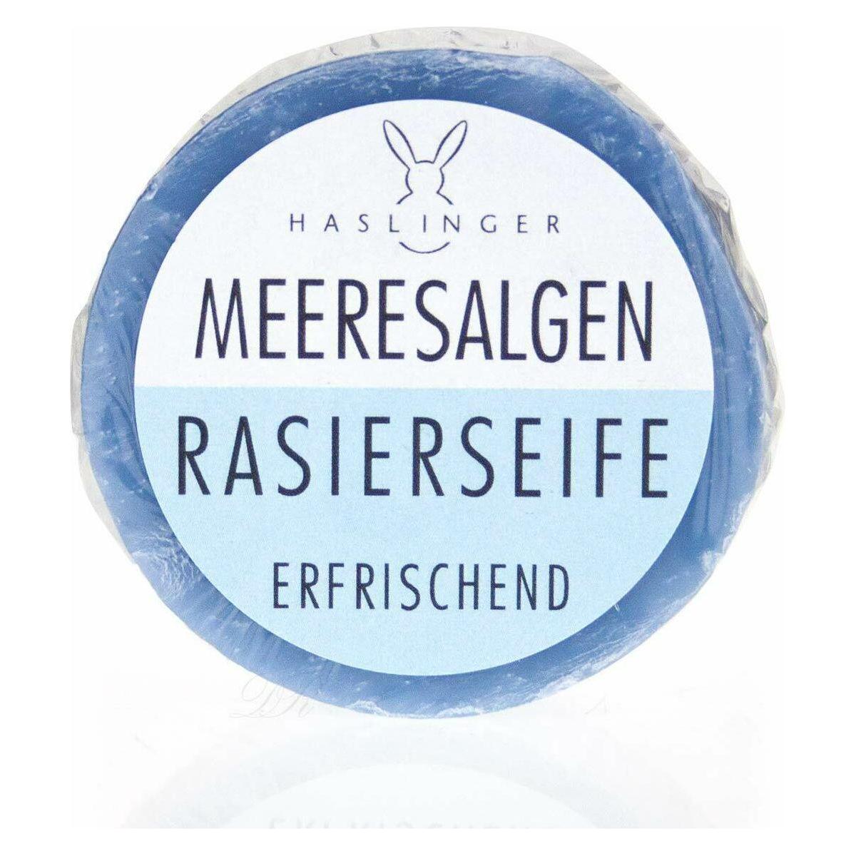Haslinger Marine Algae shaving soap in a 60g container, natural lather for a smooth shave, from Pasteur Pharmacy.
