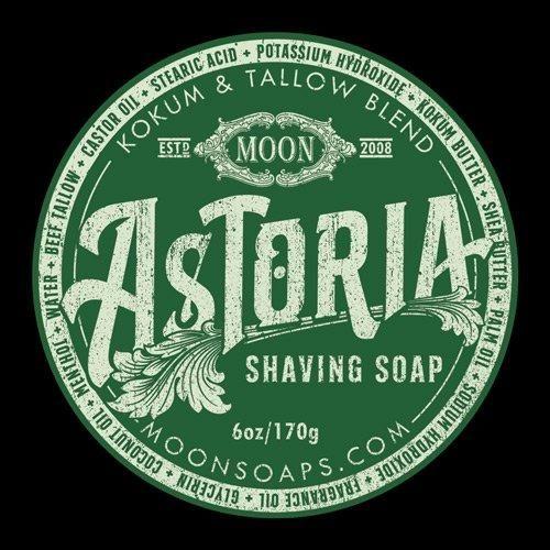 Pasteur Pharmacy Moon Soaps Astoria Shaving Soap in 6 oz round container with label visible, ideal for traditional wet shaving.
