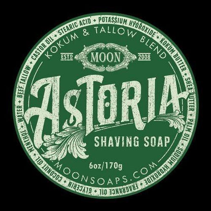 Pasteur Pharmacy Moon Soaps Astoria Shaving Soap in 6 oz round container with label visible, ideal for traditional wet shaving.