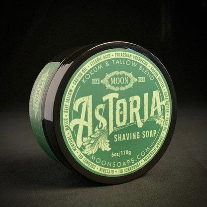 Moon Soaps Astoria Shaving Soap in a 6 oz container, featuring a smooth, creamy texture for a close, comfortable shave.