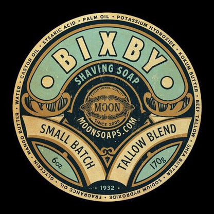 Moon Soaps Bixby Shaving Soap in a 6 oz container, natural shaving soap by Pasteur Pharmacy with a smooth, creamy lather.