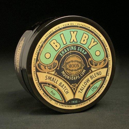 Moon Soaps Bixby Shaving Soap in a 6 oz jar, featuring a creamy lather and classic packaging from Pasteur Pharmacy.