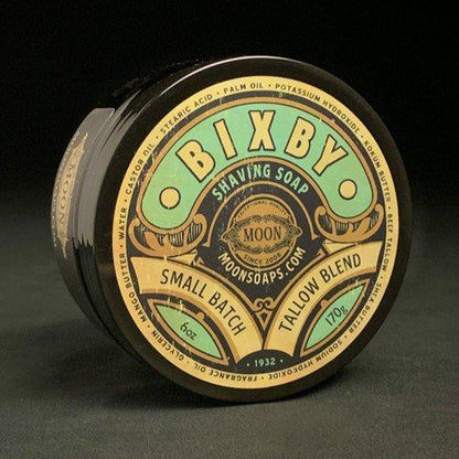 Moon Soaps Bixby Shaving Soap in a 6 oz jar, featuring a creamy lather and classic packaging from Pasteur Pharmacy.