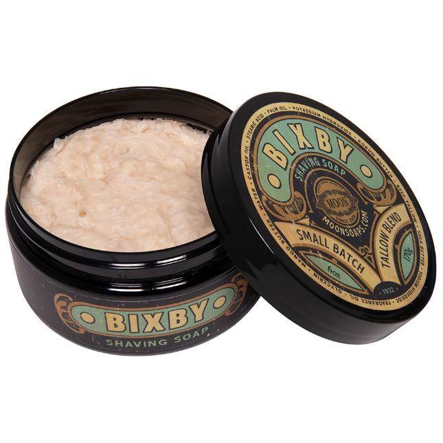 Moon Soaps Bixby Shaving Soap in a 6 oz container, creamy lather, natural ingredients, from Pasteur Pharmacy.