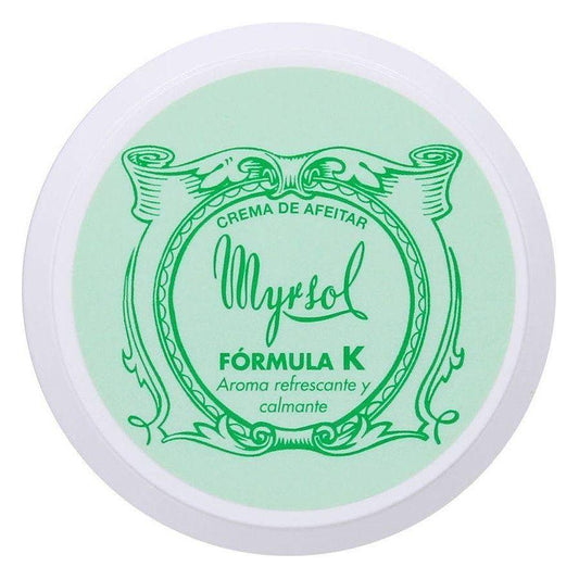 Myrsol Formula K shaving soap in a 150ml container, with a smooth, creamy lather and brand label visible.