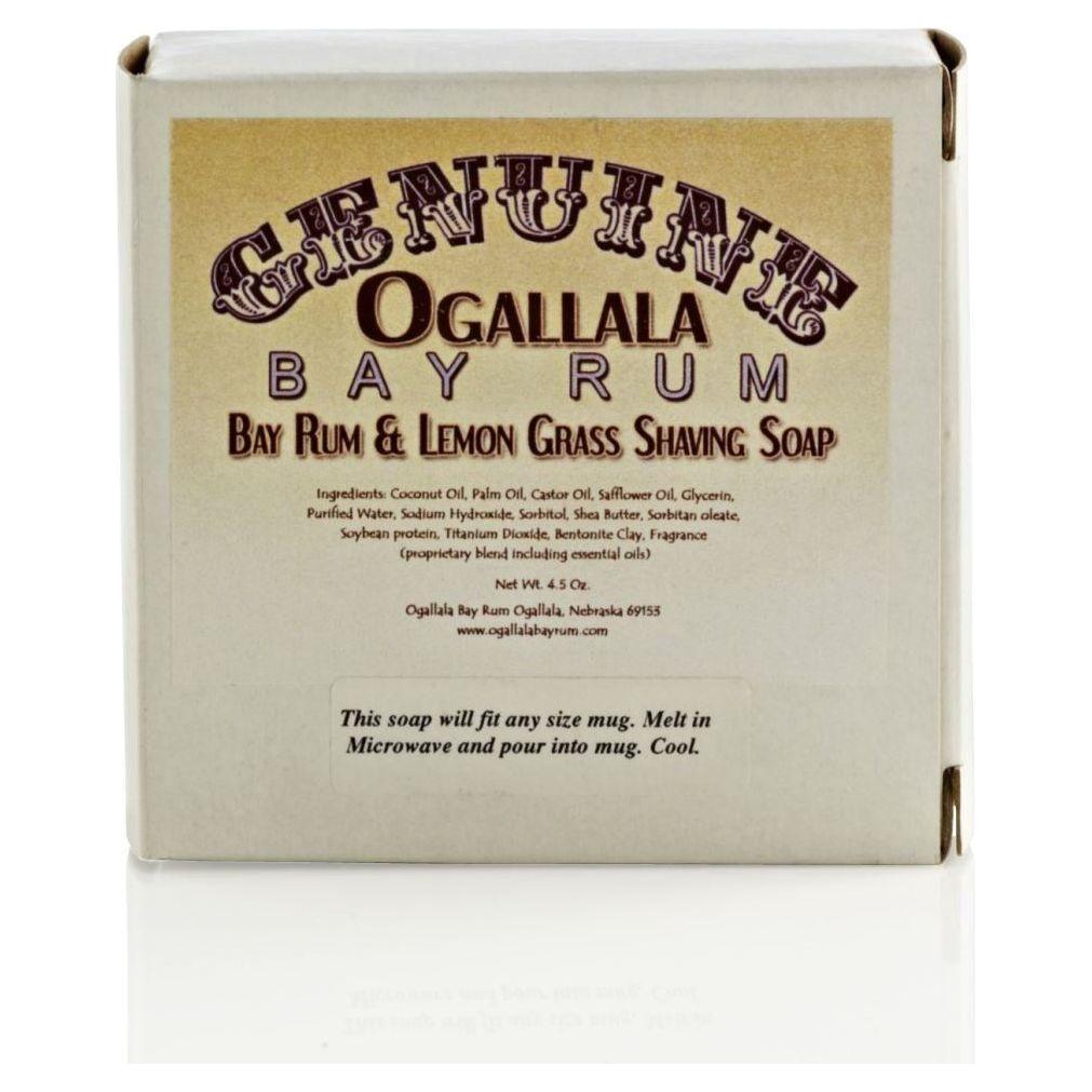 Pasteur Pharmacy Ogallala Bay Rum and Lemon Grass shaving soap in a 4.5 oz container, showcasing the soap's packaging and label.