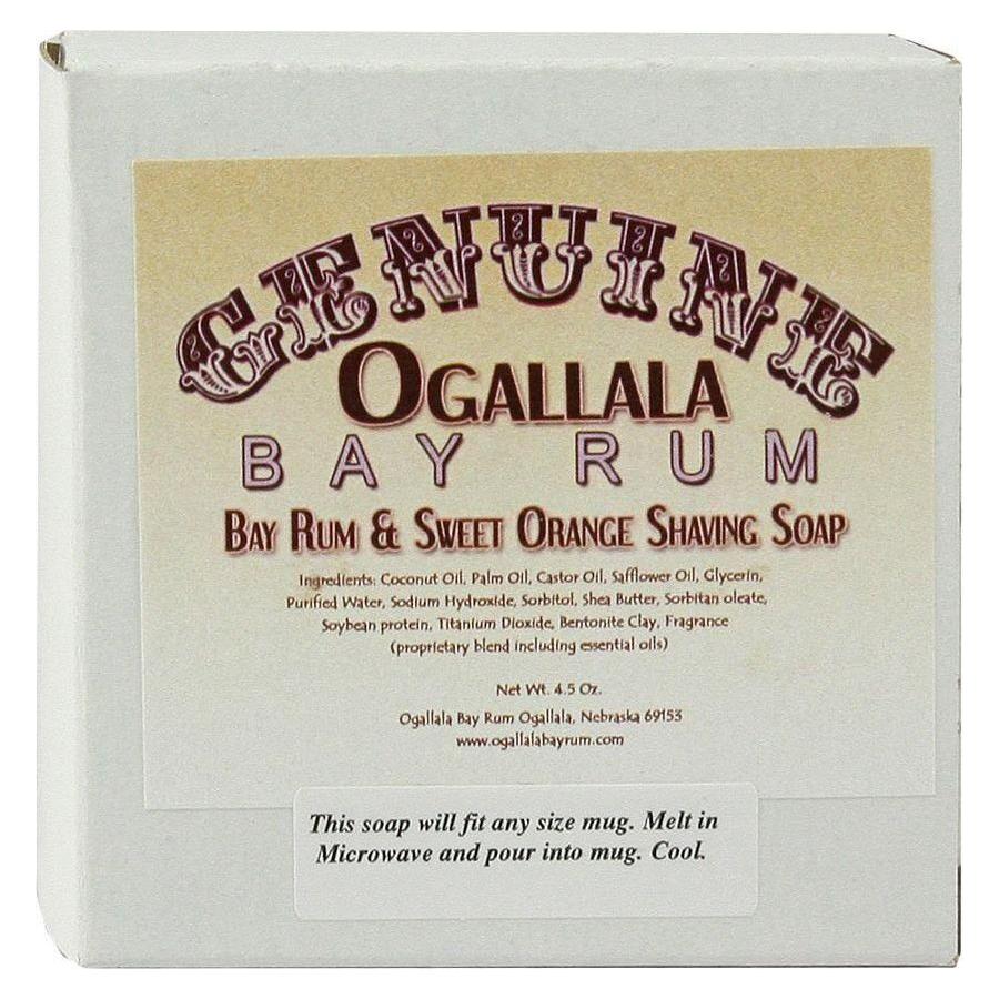 Pasteur Pharmacy Ogallala Bay Rum & Sweet Orange shaving soap in a 4.5 oz container, showing the soap's packaging and branding.