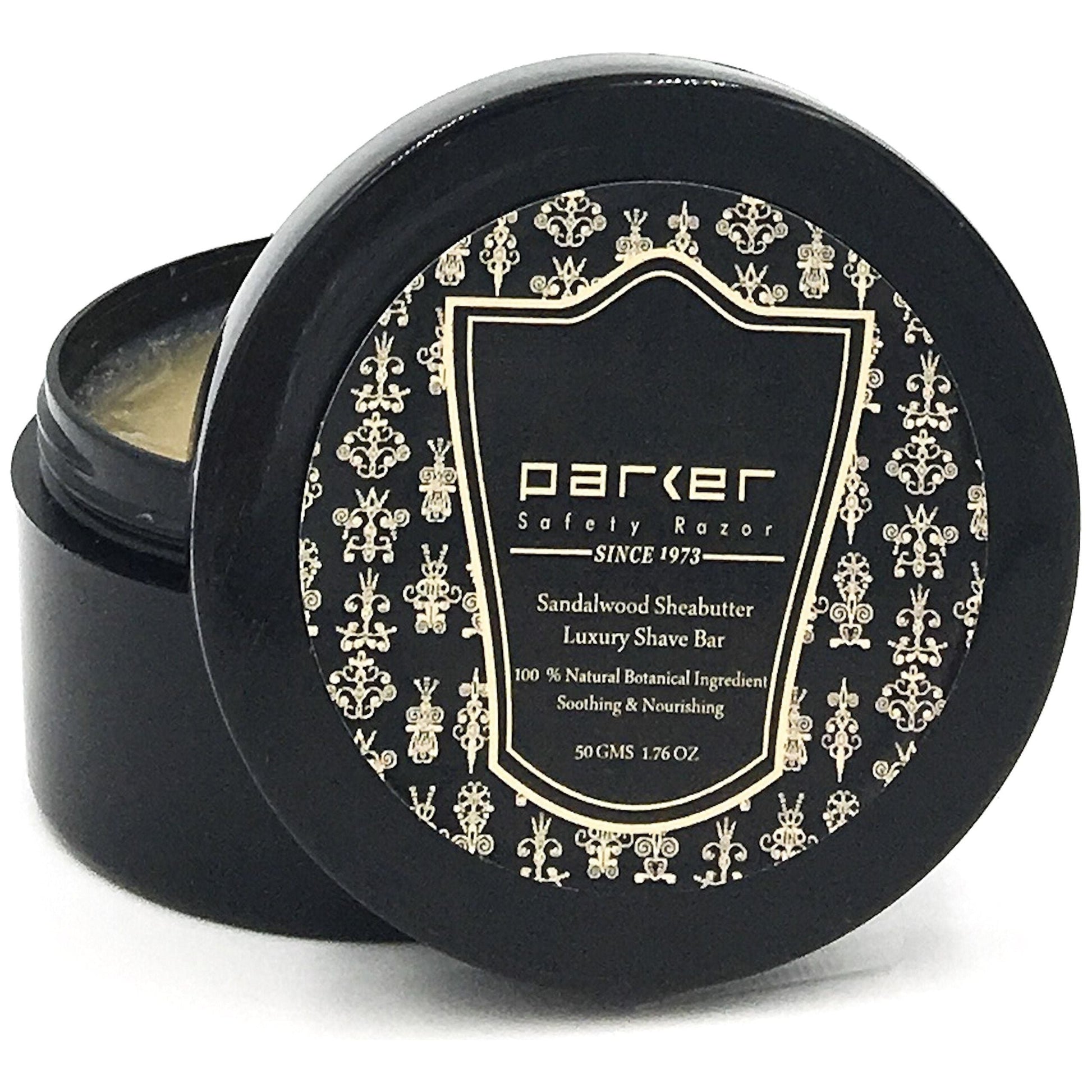 Parker Sandalwood Shea Butter Shaving Soap by Pasteur Pharmacy in a 50g container with a smooth soap surface and packaging.