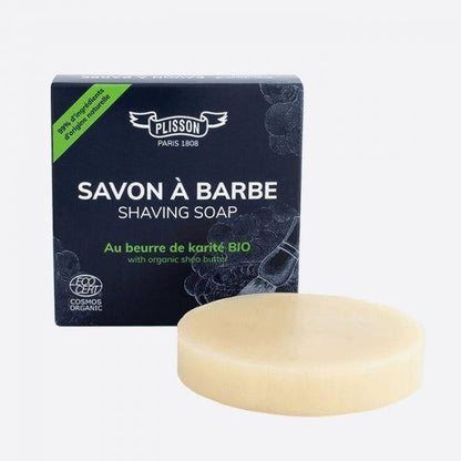 Pasteur Pharmacy Plisson Organic Shea Butter Shaving Soap in 2.8 oz, showing the soap's creamy texture and packaging.