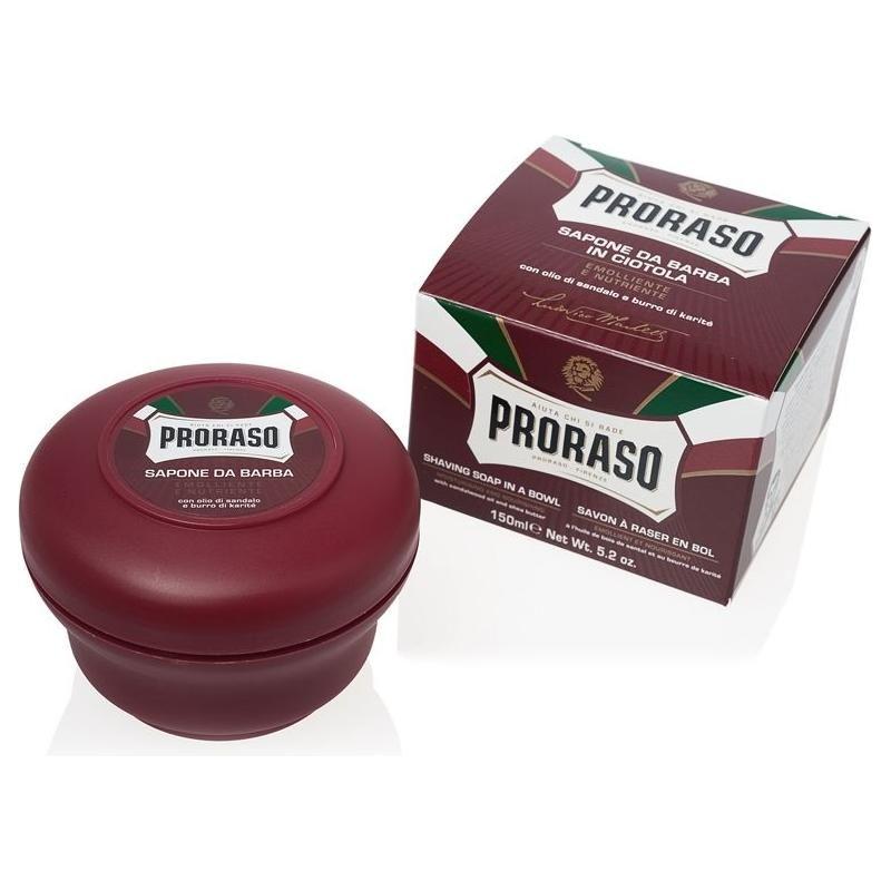 Proraso Shaving Soap in a bowl with moisturizing sandalwood scent, nourishing formula, 5.2 oz, for a smooth shave.