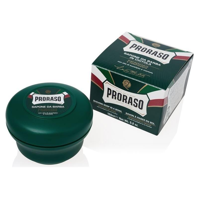 Proraso shaving soap with menthol and eucalyptus, 5.2 oz, in a round container with a white and green label.