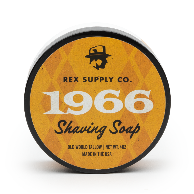 Rex Supply Co. 1966 Old World Tallow Shaving Soap in a 4 oz container, natural ingredients, traditional shaving product.