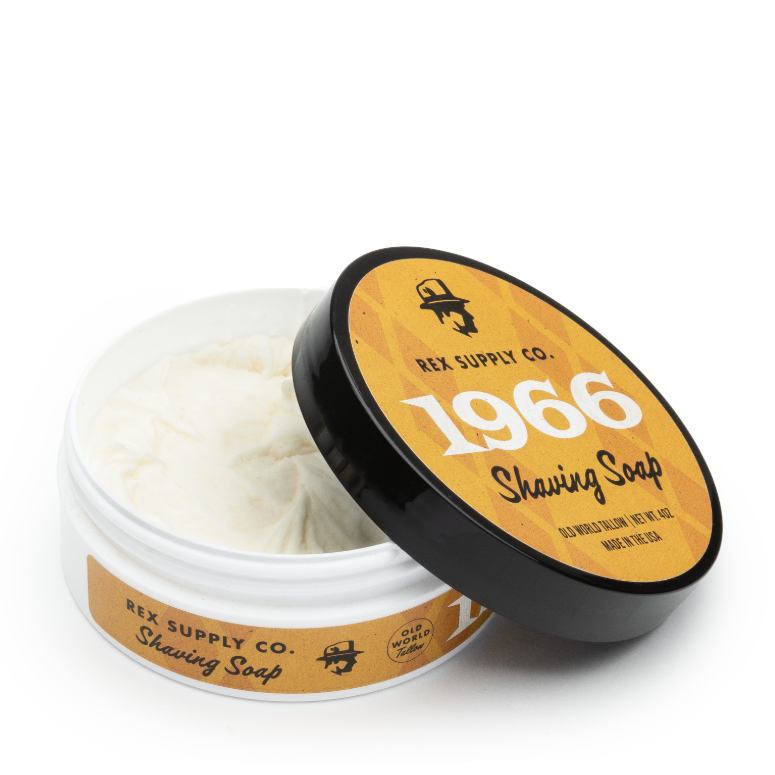 Rex Supply Co. 1966 Old World Tallow Shaving Soap by Pasteur Pharmacy in 4 oz container, showcasing the soap's packaging.