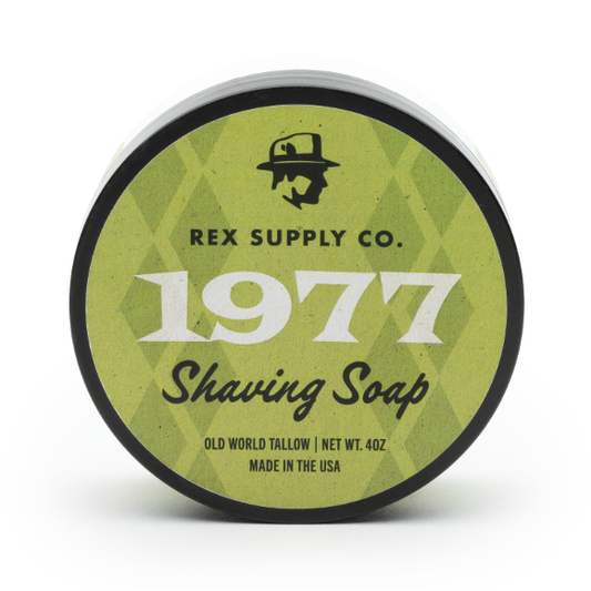 Rex Supply Co. 1977 Old World Tallow Shaving Soap by Pasteur Pharmacy in a 4 oz tin with vintage label design