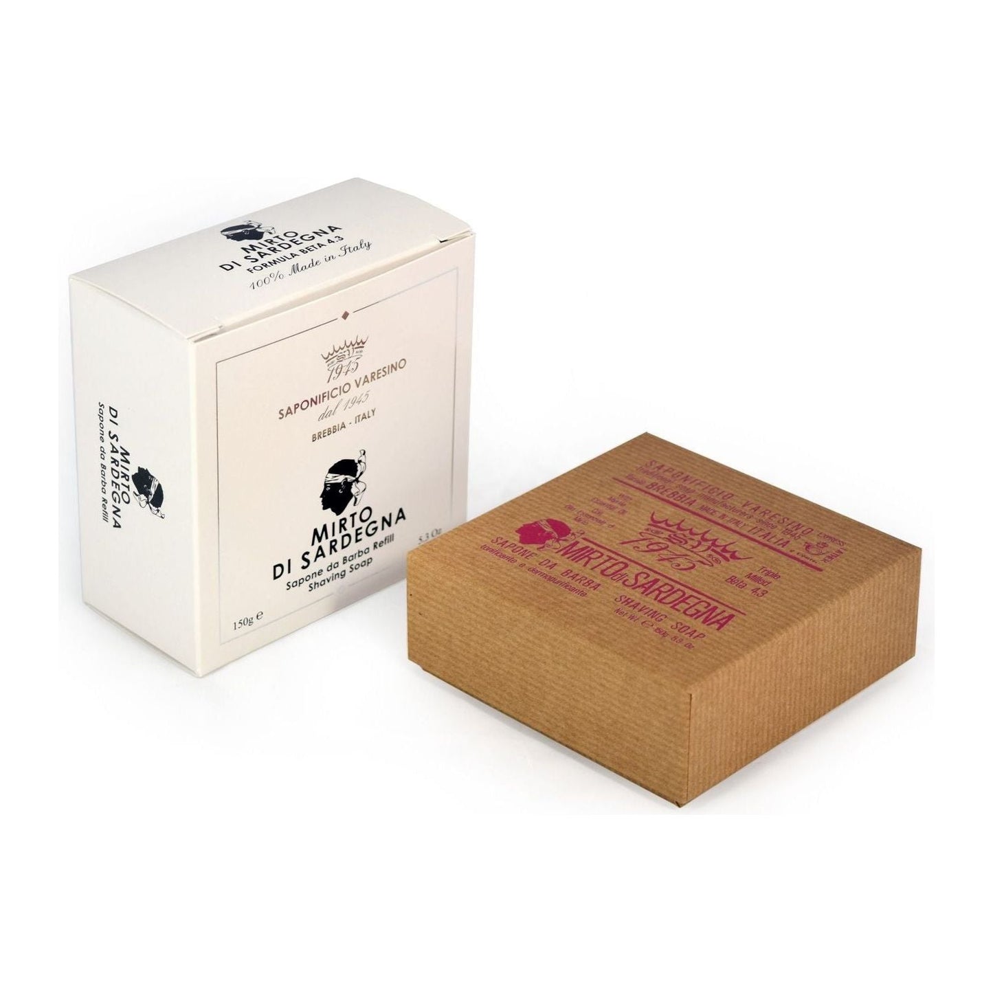Saponificio Varesino Mirto di Sardegna Beta shaving soap refill in a 5.3 oz container, with the soap's label visible and packaging details.
