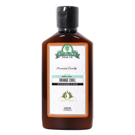Stirling Soap Co. Orange Chill shaving soap with witch hazel and aloe in a 200 ml container, designed for a smooth shave.