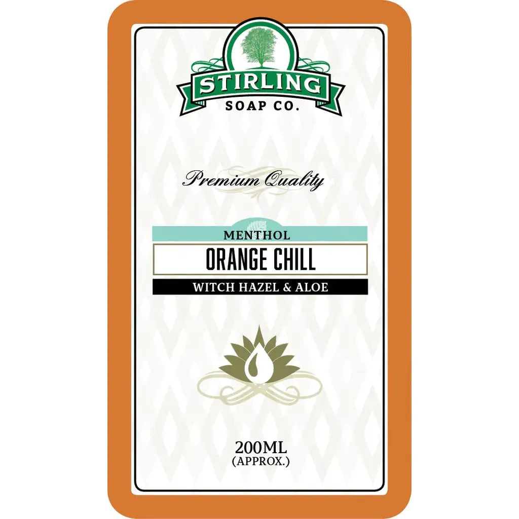 Stirling Soap Co. Orange Chill shaving soap with witch hazel and aloe in a 200 ml jar, ideal for a soothing shave.