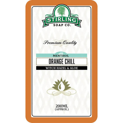 Stirling Soap Co. Orange Chill shaving soap with witch hazel and aloe in a 200 ml jar, ideal for a soothing shave.