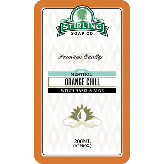 Stirling Soap Co. Orange Chill shaving soap with witch hazel and aloe in a 200 ml jar, ideal for a soothing shave.
