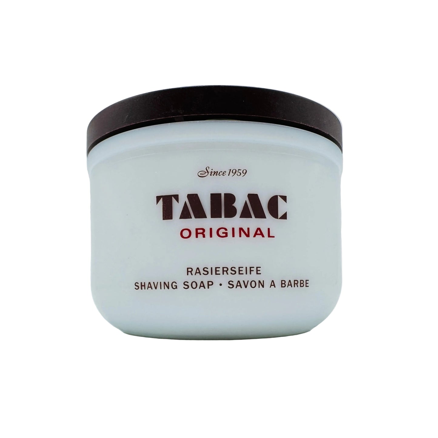 Pasteur Pharmacy Tabac Original shaving soap with bowl, 4.4 oz, showing the classic cylindrical soap container and packaging.