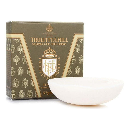 Truefitt & Hill luxury shaving soap refill for mug, 2oz, in a round container with a smooth soap surface.