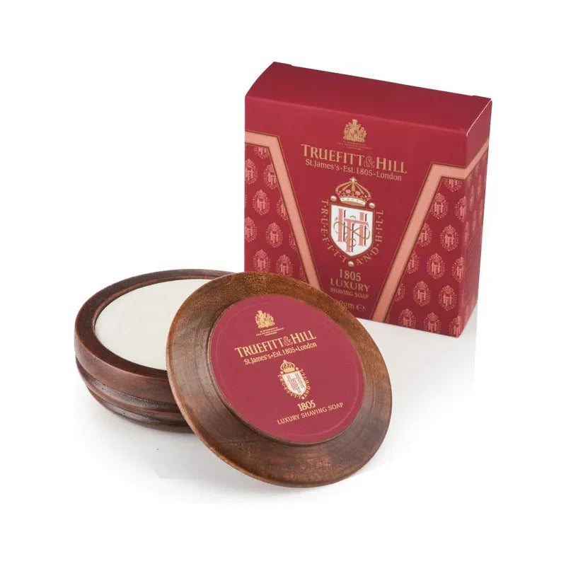 Truefitt & Hill Mayfair luxury shaving soap in wooden bowl, 3.5oz, with rich lather and elegant packaging for a premium shave experience.