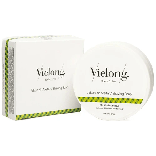 Vielong Mentha Eucalyptus shaving soap in a 3.5 oz container, with fresh mint and eucalyptus scent, from Pasteur Pharmacy.