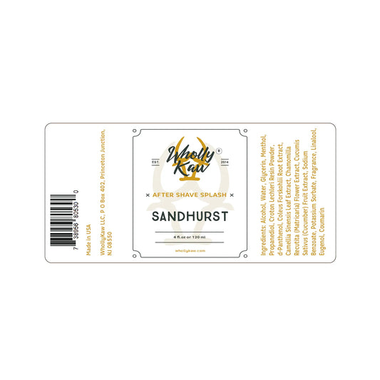 Wholly Kaw Sandhurst After Shave shaving soap by Pasteur Pharmacy, showing the soap's packaging and product label.