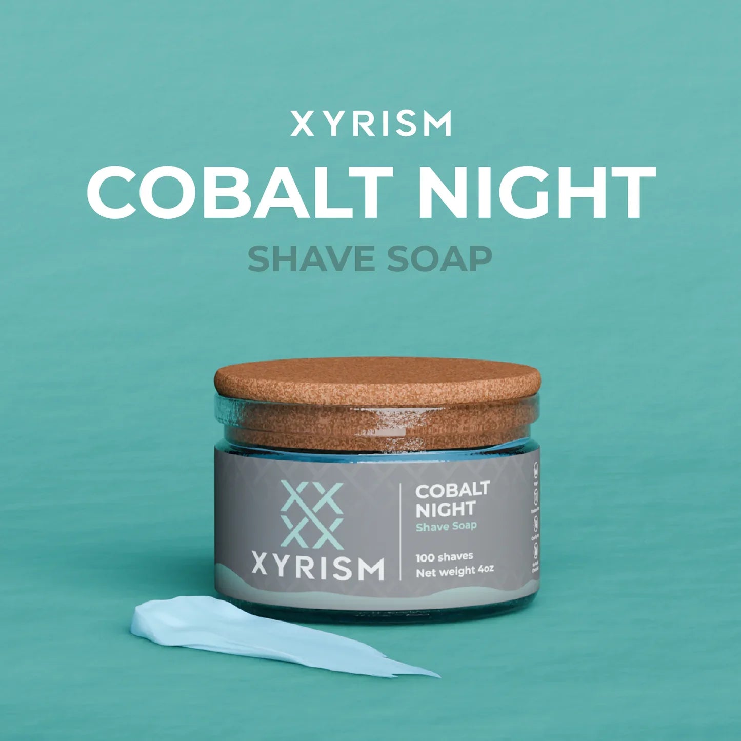 XYRISM Cobalt Night shaving soap in a 4oz container, featuring a rich lather and soothing scent for a close shave.