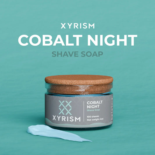 XYRISM Cobalt Night shaving soap in a 4oz container, featuring a rich lather and soothing scent for a close shave.