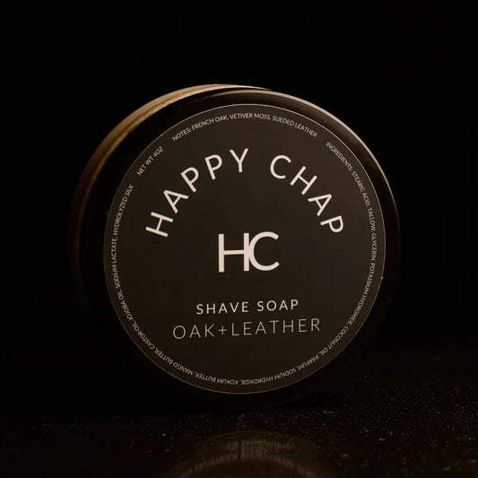 Pasteur Pharmacy Happy Chap Oak & Leather Shaving Set with 4oz shaving soap, featuring natural oak and leather scents.