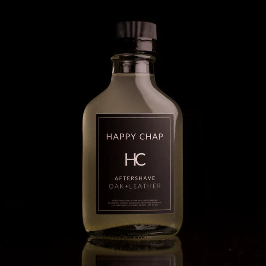 Pasteur Pharmacy Happy Chap Oak and Leather Shaving Collection with 4oz shaving soap in a stylish set.
