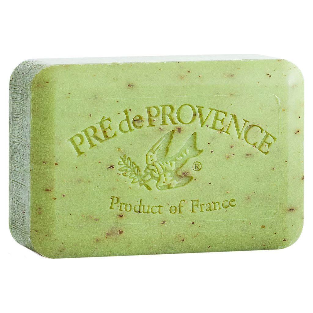 Pre De Provence Lime Zest Shea Butter Enriched Vegetable Soap, 250g, with a bar of soap and lime zest scent on a natural setting.
