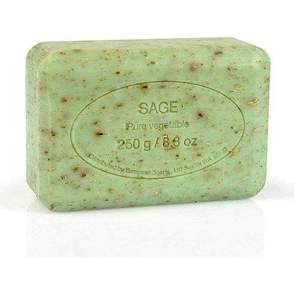 Shea butter enriched vegetable soap with sage from Pre De Provence, 250g, displayed with a natural soap bar and herbal scent.