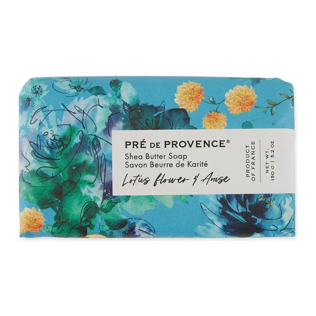 Pre de Provence Shea Butter Soap with Lotus Flower and Anise, 150g, featuring a creamy soap bar with floral and herbal scent.