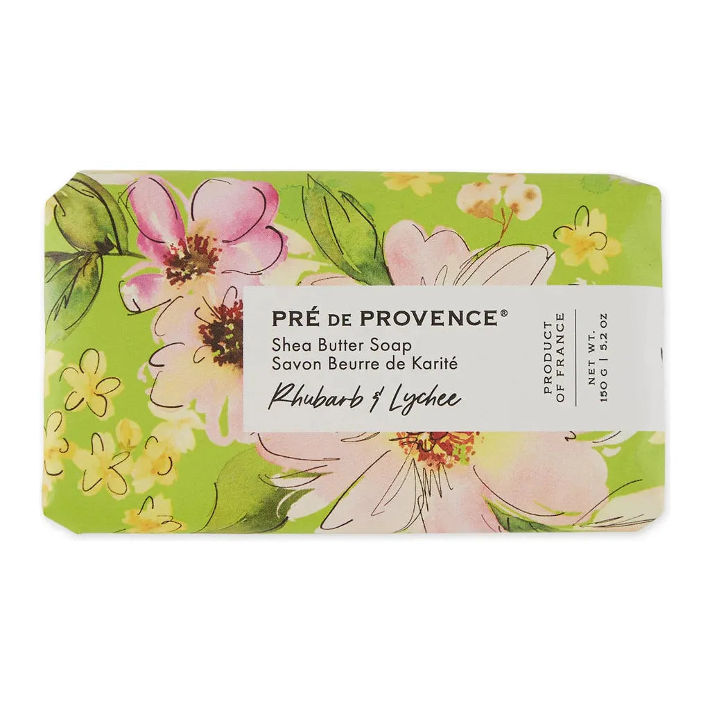 Pasteur Pharmacy Shea Butter Soap with Rhubarb and Lychee scent in 150g, showing a white bar wrapped in elegant packaging.