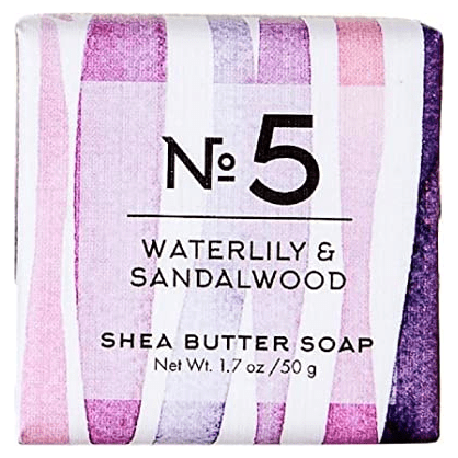 Pasteur Pharmacy Via Mercato Nro. 5 Shea Butter Soap with Waterlily and Sandalwood, 1.7oz, showing the soap bar and packaging