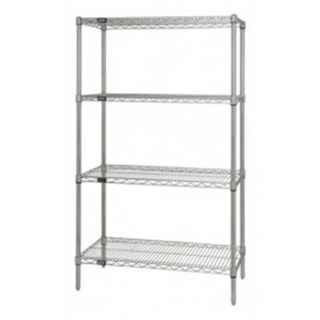 Set of four stainless steel wire shelving units, 18 inches deep by 42 inches wide, by Pasteur Pharmacy for storage and organization.