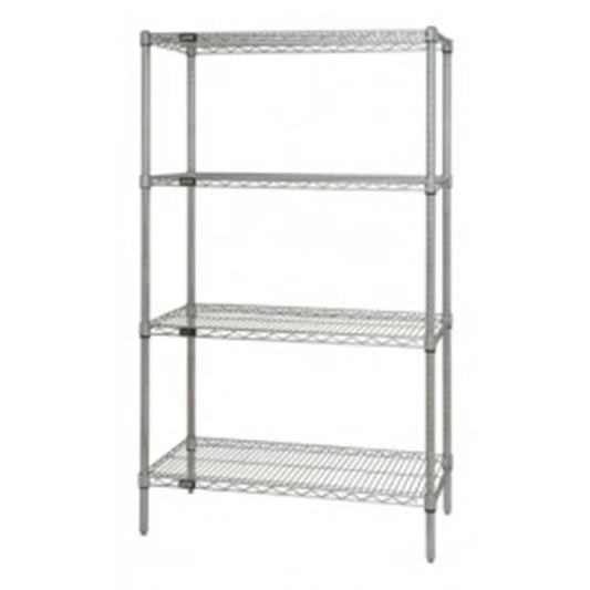 Set of four stainless steel wire shelving units, 18 inches deep by 42 inches wide, by Pasteur Pharmacy for storage and organization.