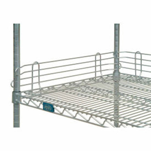 Set of four 72-inch chrome wire shelves with back ledge for storage and display by Pasteur Pharmacy.