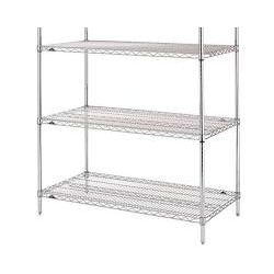 Set of four 18x48 inch chrome wire shelves from Pasteur Pharmacy, ideal for storage and organization.