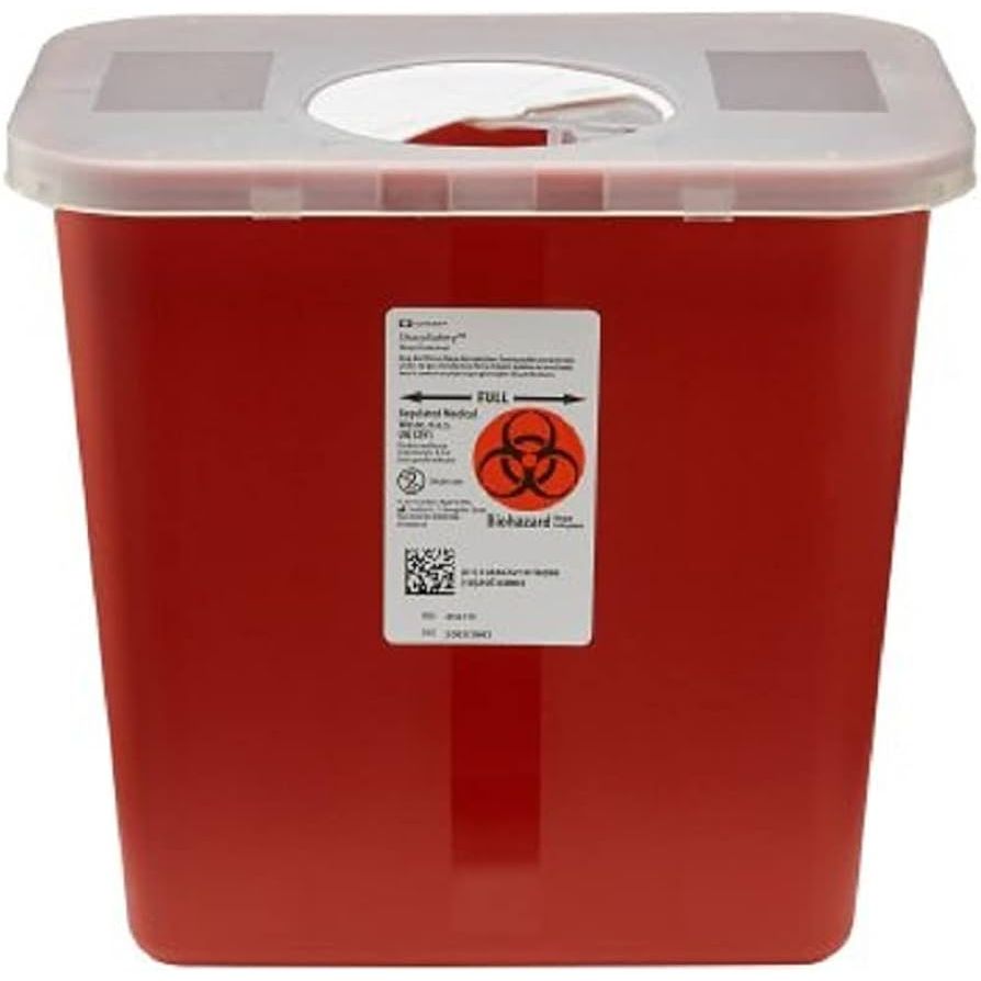 Sharps container with 2-gallon rotor lid for safe disposal of medical sharps, made by Pasteur Pharmacy.