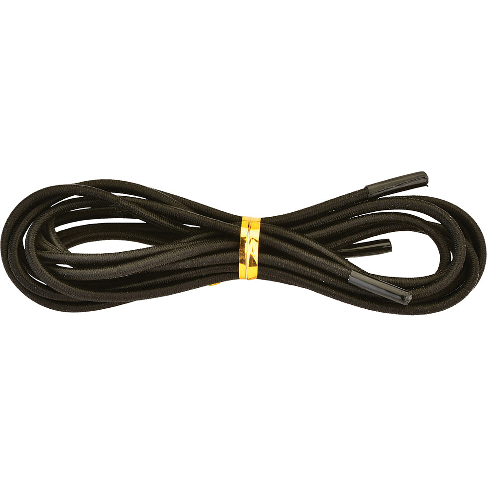 Black Nova 32-inch elastic shoelaces by Pasteur Pharmacy shown on a pair of shoes. Flexible, stretchable laces for easy wear.